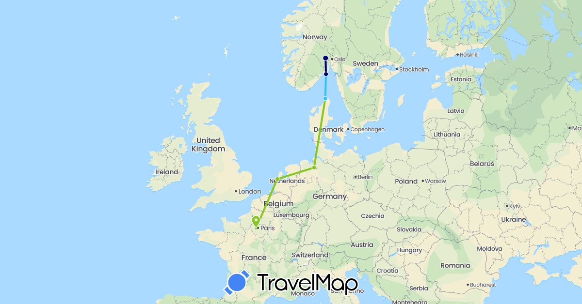 TravelMap itinerary: driving, boat, electric vehicle in Germany, Denmark, France, Netherlands, Norway (Europe)